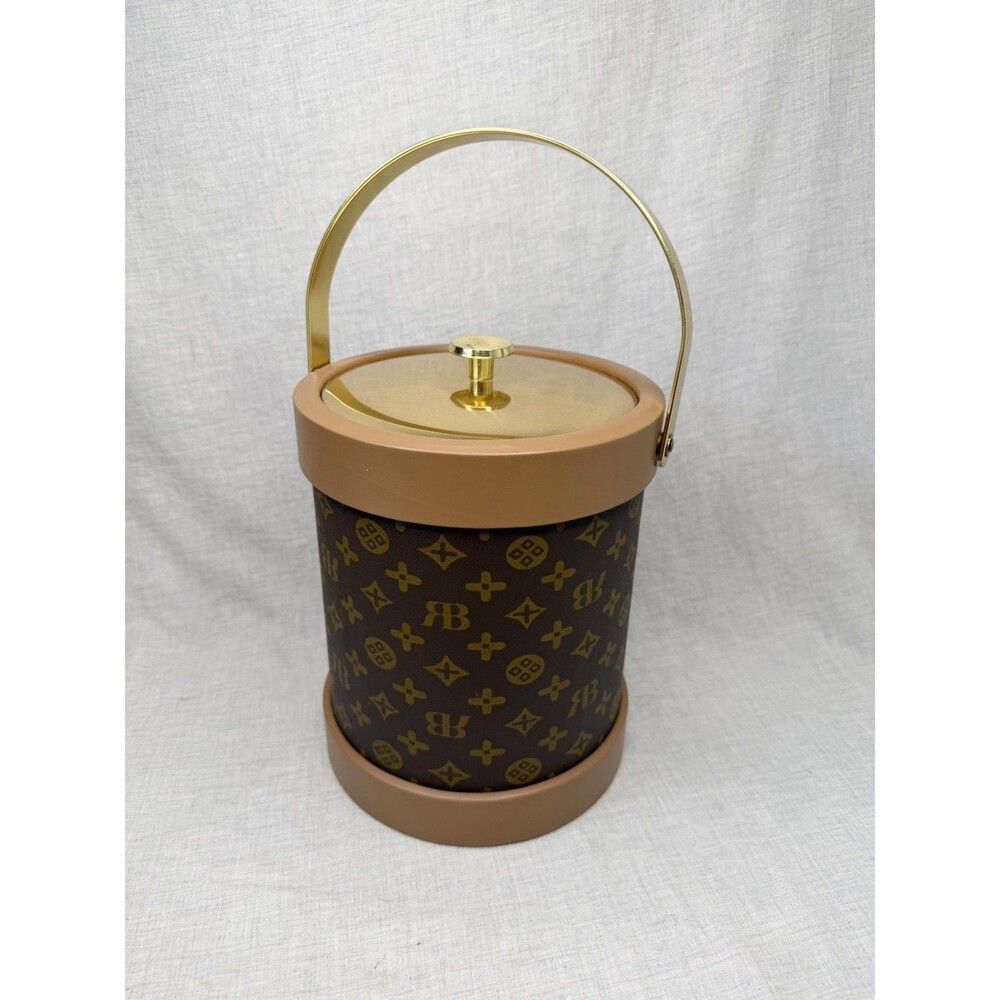 Vintage Kraftware Ice Bucket Brown Tan Logo With Gold Accents NYC Faux